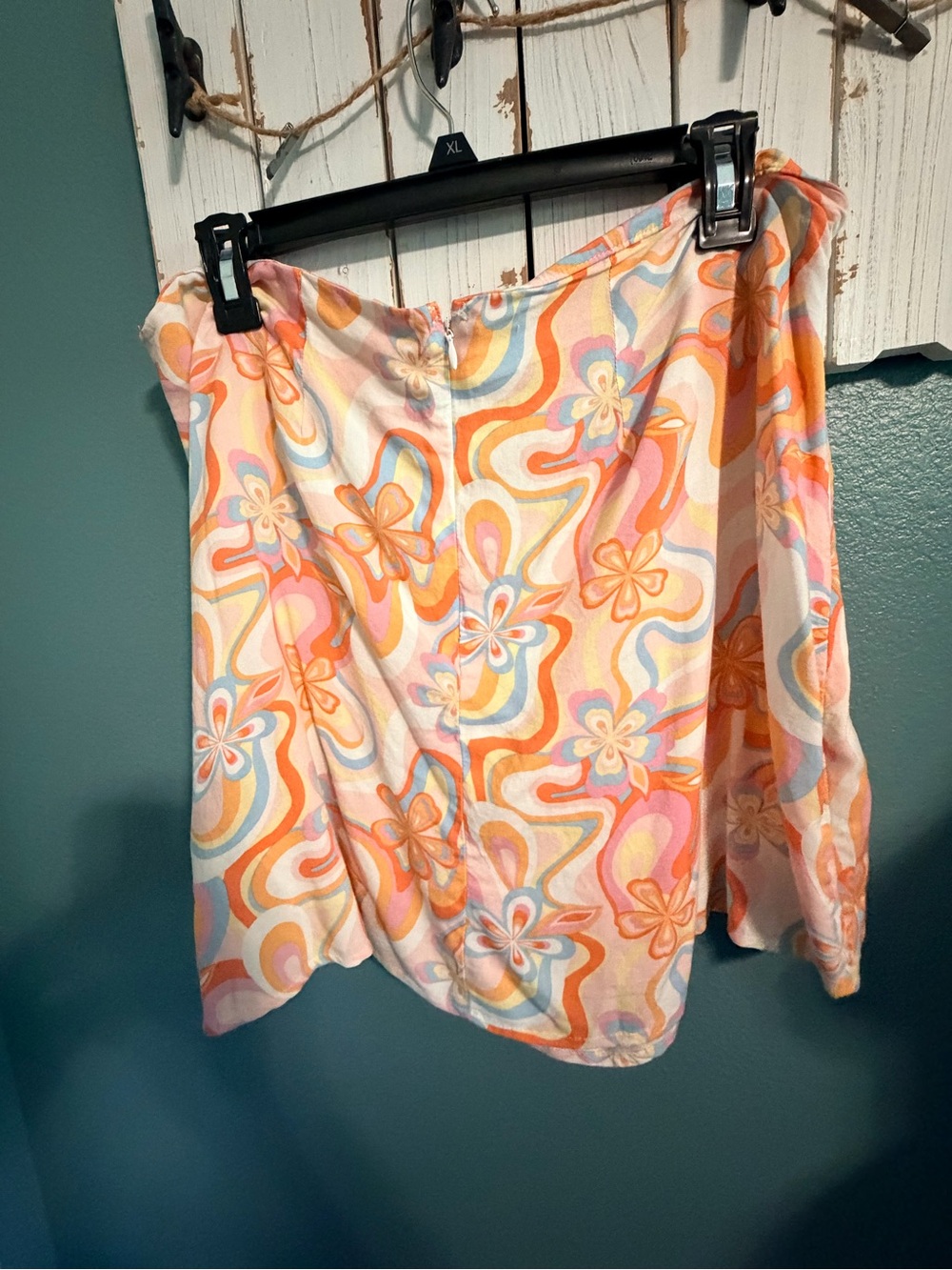 SO Multicolor Retro Swirl Off-Shoulder Top in Orange, Pink, Blue and Cream